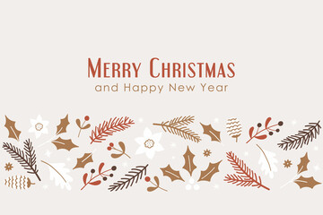 Merry Christmas and Happy New Year horizontal banner with decorative floral elements. Fir tree branches, berries, twigs, spruce cones, and other hand drawn elements.