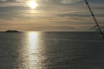Silhouette of Hapag luxury Europa 2 cruiseship cruise ship liner yacht at sea during twilight...