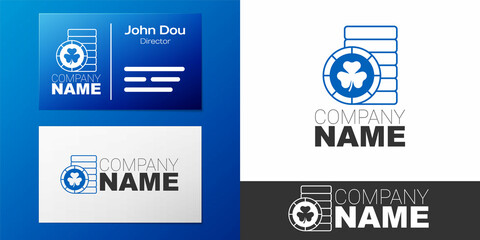 Logotype Golden leprechaun coin with clover trefoil leaf icon isolated on white background. Happy Saint Patricks day. National Irish holiday. Logo design template element. Vector