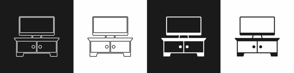 Set TV table stand icon isolated on black and white background. Vector