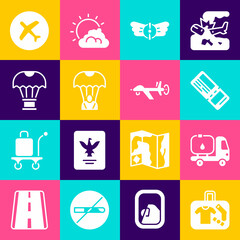 Set Suitcase, Fuel tanker truck, Airline ticket, Aviation emblem, Parachute, Box flying parachute, Plane and UAV Drone icon. Vector