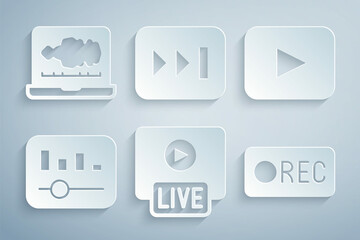 Set Live stream, Play button, Music equalizer, Record, Fast forward and Sound audio recorder icon. Vector
