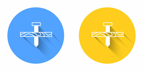 White Metallic nail and wood plank icon isolated with long shadow background. Circle button. Vector