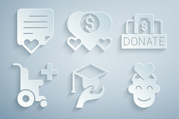 Set Education grant, Donation and charity, Wheelchair for disabled person, Volunteer, and Envelope with heart icon. Vector