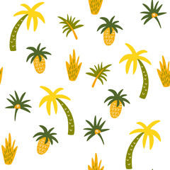 Fototapeta na wymiar Palm trees and leaves abstract seamless pattern. Tropical plants hand draw background. Beach coconut tree wallpaper, african forest textile, wrapping paper print design. Vector illustration.