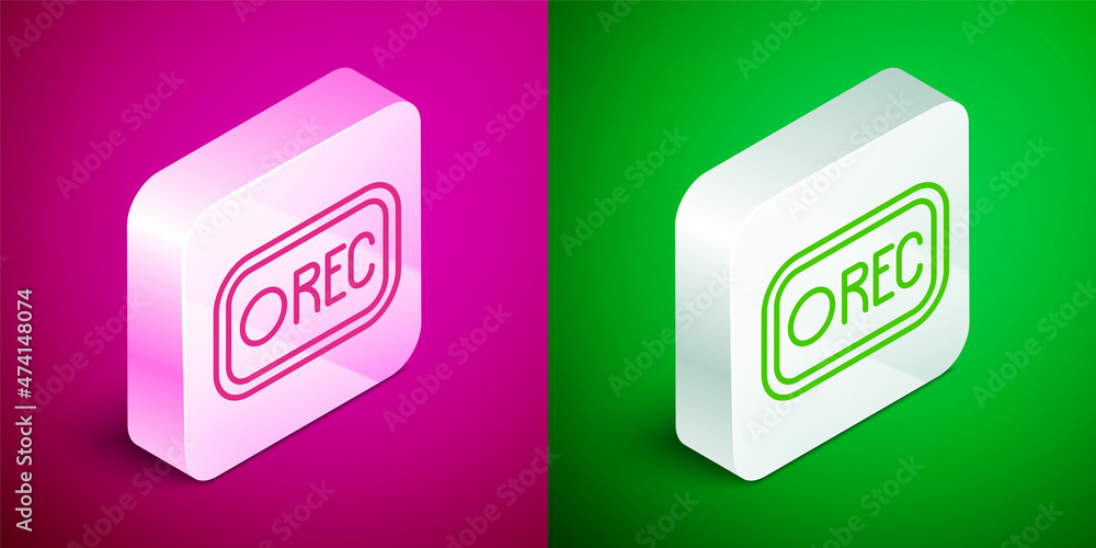 Poster isometric line record button icon isolated on pink and green background. rec button. silver square b