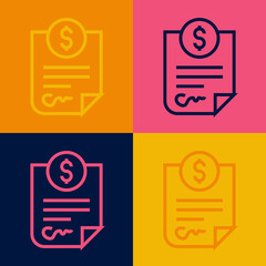 Pop art line Contract money icon isolated on color background. Banking document dollar file finance money page. Vector