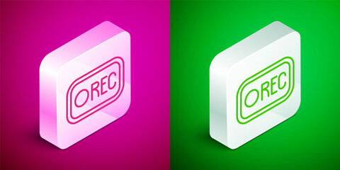 Isometric line Record button icon isolated on pink and green background. Rec button. Silver square button. Vector