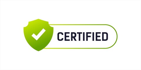 Certified stamp label badge, stamp. green seal of secure and safe network site. graphic design element with check mark and shield