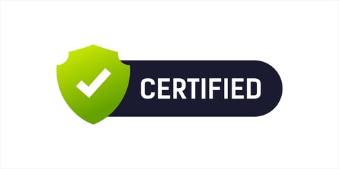 certified network website stamp label with dark text background graphic design element with check mark and shield