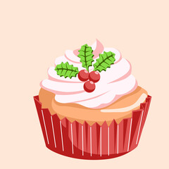 Festive cupcake with white cream and holly. Delicious pastries for the holiday. Vector illustration on beige background