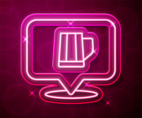 Glowing neon line Wooden beer mug icon isolated on red background. Vector