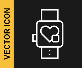 White line Smart watch showing heart beat rate icon isolated on black background. Fitness App concept. Vector