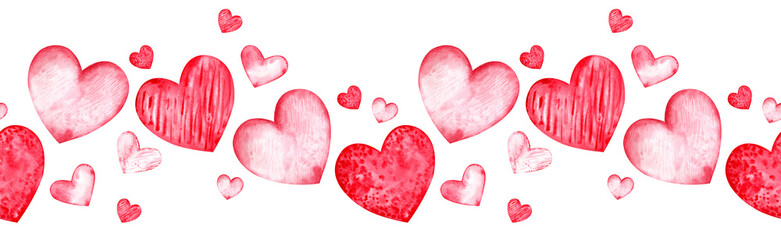 Seamless watercolor header with red hearts on the white background. Valentine's day border. Hand-drawn wedding illustration. Romantic background.