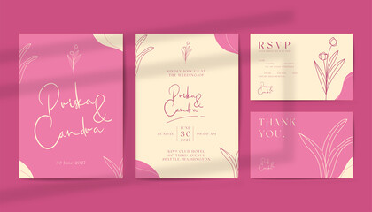 Pastel Pink Wedding Invitation with Line Art Flower