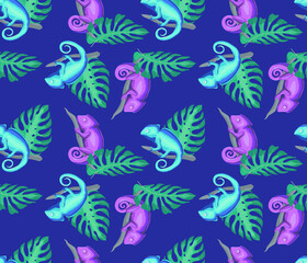 Bright seamless tropical pattern. Blue and lilac chameleons on dark under palm leaves. Vector illustration for fabric, wrapping paper and wallpaper