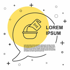 Black line Measuring cup pouring liquid into bowl icon isolated on white background. Plastic graduated beaker with handle. Random dynamic shapes. Vector
