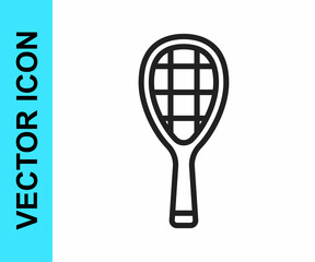 Black line Tennis racket icon isolated on white background. Sport equipment. Vector