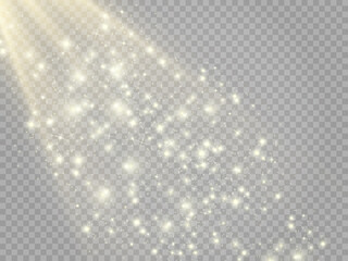 White sparks and golden stars glitter special light effect. Vector sparkles on transparent background. Christmas abstract pattern. Sparkling magic dust particles	