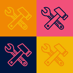 Pop art line Crossed hammer and wrench spanner icon isolated on color background. Hardware tools. Vector