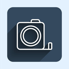 White line Roulette construction icon isolated with long shadow background. Tape measure symbol. Blue square button. Vector