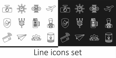 Set line Voice assistant, Scientist and test tube, Hourglass gear, Algorithm, Waterproof, Car DVR, POS terminal and Clock icon. Vector