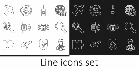 Set line Scientist and test tube, Magnifying glass, Remote control, Contactless payment, analysis, Plane, Voice assistant and Return of investment icon. Vector