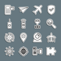 Set line Piece of puzzle, Plane, Magnifying glass and analysis, Contactless payment, Remote control, Pos terminal and Lead management icon. Vector