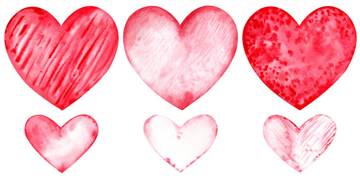 Set of watercolor hearts. Love card with red watercolor hearts isolated on the white background. Romantic clipart. Valentine's Day set.