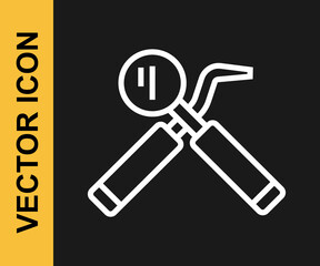 White line Dental inspection mirror and probe icon isolated on black background. Explorer scaler. Tool dental checkup. Vector