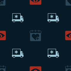 Set Red eye effect, Doctor appointment and Ambulance car on seamless pattern. Vector