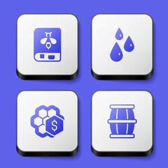 Set Book about bee, Drops of honey, Sale honeycomb and Wooden barrel with icon. White square button. Vector