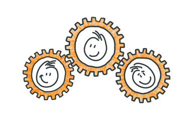 Stick figures. Business, Gear Wheel. Isolated on white background. Hand drawn doodle line art cartoon design character. 