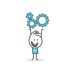 Stick figures. Business, Gear Wheel. Isolated on white background. Hand drawn doodle line art cartoon design character. 