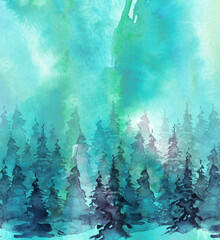 Fototapeta na wymiar Watercolor painting, card, drawing. Coniferous forest. Winter countryside landscape. Blizzard,snowfall. Splash of blue abstract paint. Spruce, pine, cedar in the winter forest. Misty forest, haze. 