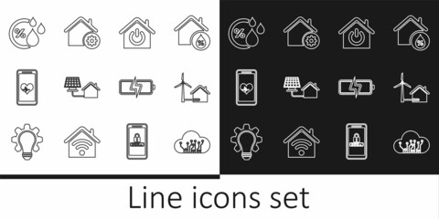 Set line Internet of things, House with wind turbine, Smart home, solar panel, Mobile heart rate, Humidity, Battery and settings icon. Vector