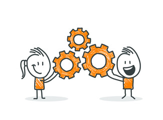 Stick figures. Business, Gear Wheel. Isolated on white background. Hand drawn doodle line art cartoon design character. 