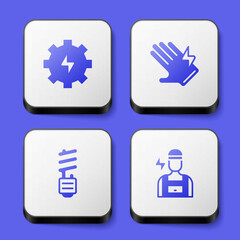 Set Gear and lightning, Electric glove, LED bulb and Electrician icon. White square button. Vector