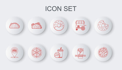 Set line Pizza, Location with burger, Donut, Burrito, Taco tortilla, and Soda drink donut icon. Vector