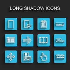 Set line Pixel arrows in four directions, Mall or supermarket building, Book, hand cursor, Measuring height length, Dots, Tape measure and Open book icon. Vector
