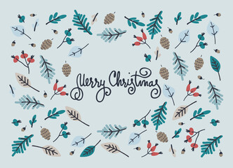 Fototapeta na wymiar Merry Christmas greeting card design template. Hand-lettered greeting phrase, decoration with frozen leaves, dog-rose berries, pine cones, snowy fir tree branches on light-blue background