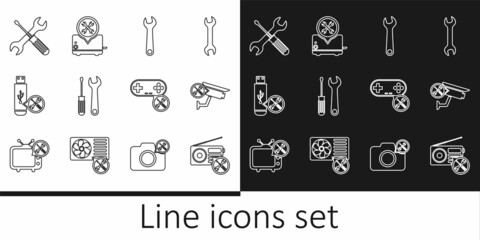 Set line Radio service, Security camera, Wrench, Screwdriver and wrench, USB flash, Crossed screwdriver, Gamepad and Toaster icon. Vector