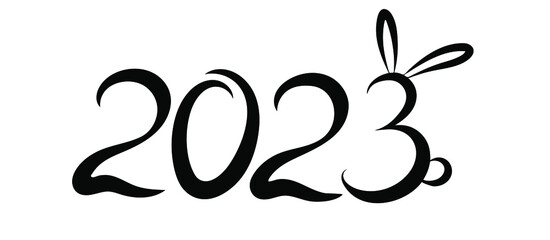Hand drawn number lettering of 2023. Happy New Year of Rabbit. Greeting card design with calligraphy for holiday. Vector illustration