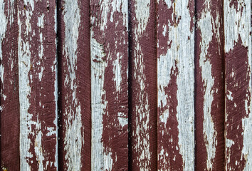 Peeling old red paint on timber wall background.
