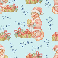 
Tiger in a hat with gifts christmas new year symbol of the year watercolor illustration hand drawn cute cartoon character patern seamless print textile
