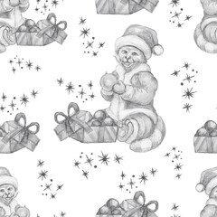 
Tiger in a hat with gifts christmas new year symbol of the year watercolor illustration hand drawn cute cartoon character patern seamless print textile
