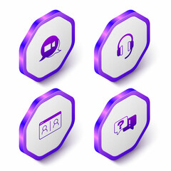 Set Isometric Video chat conference, Headphones, and Question and Answer icon. Purple hexagon button. Vector