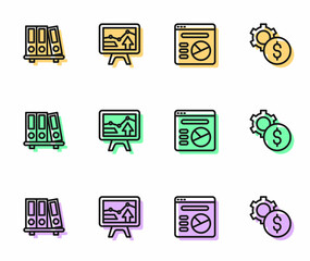 Set line Pie chart infographic, Office folders, Monitor with and Gear dollar symbol icon. Vector