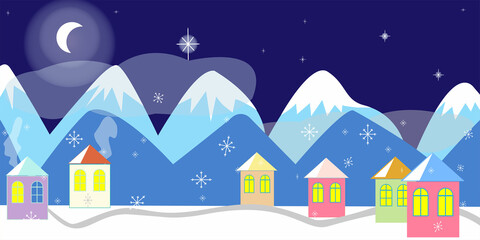 Snowy mountains, night, shining stars, snowfall, open sky, wallpaper for nursery, wallpaper for kindergarten, for children's institutions, winter theme, smoke from the chimney, the smell of winter