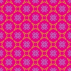 Bright, colorful background pattern with simple decorative ornaments.  Fabric texture swatch, seamless wallpaper. Vector illustration